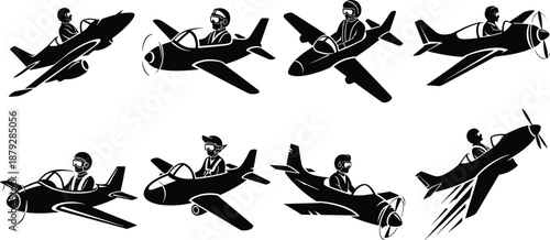 Pilot flying aircraft silhouette vector, aviation icon, small plane illustration, black flight pose, goggles helmet gear, jet propeller