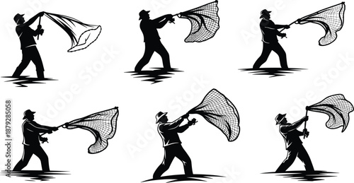 Fishing net casting silhouette vector, traditional technique pose, black illustration, shallow water action, fisherman icon, dynamic throw