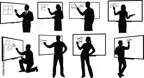 Whiteboard teaching silhouette vector, writing and drawing poses, educational icon, black illustration, classroom presentation, diagram sketch, learning
