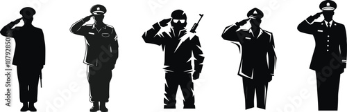 Military salute silhouette vector, armed forces personnel pose, black illustration, tactical gear, honor gesture, uniform icon, soldier tribute