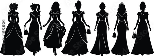 Princess silhouette vector, elegant gown pose, crown and handbag icon, black illustration, royal fashion, graceful figure, formal style