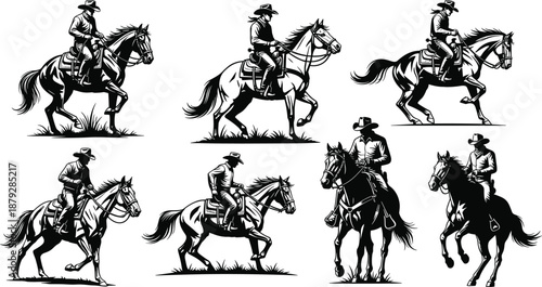 Cowboy riding horse silhouette vector, western equestrian pose, ranch icon, black illustration, saddle reins, country lifestyle, wild west