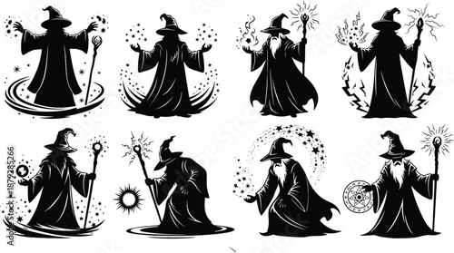 Wizard silhouette vector, magical energy poses, fantasy spell icons, mystical staff, black illustration, sorcerer art, enchanted power, magic
