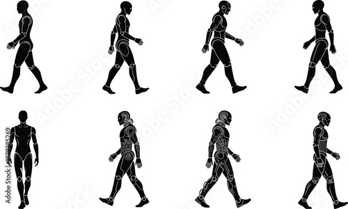 Human to robot evolution silhouette, cyborg transformation vector, walking pose progression, AI integration, mechanical anatomy, futuristic concept, black illustration
