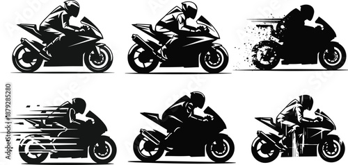 Sport motorcyclist silhouette vector, speed motion pose, racing bike icon, dynamic rider, black illustration, velocity streak, graphic style
