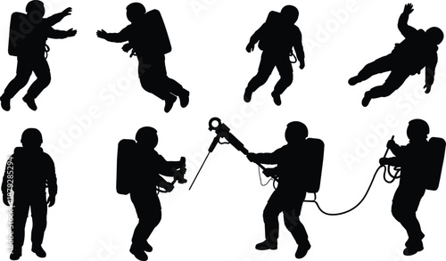 Astronaut silhouette vector, space mission poses, floating figures, zero gravity teamwork, space suit icons, cosmic exploration, black illustration