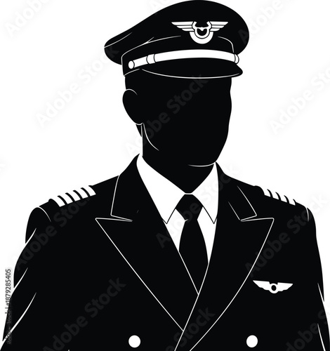 Airline pilot silhouette illustration, black vector uniformed figure, aviation profession icon, captain pose for travel, flight, and training themes