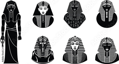 Ancient Egyptian pharaoh illustrations, stylized deity portraits, black vector heads, cultural symbols, ankh and hieroglyphic art for history themes