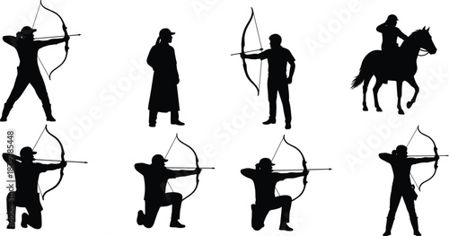 Archer silhouette illustrations, black vector poses for traditional, mounted, and kneeling archery styles with bows, arrows, and stances