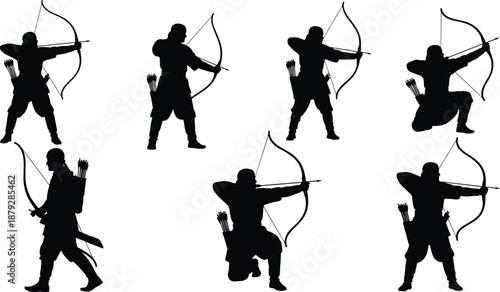 Archer silhouette illustrations, dynamic bow and arrow poses, black vector style for archery, hunting, sport, and warrior themes