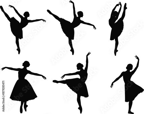 Ballet dancer silhouette illustrations, elegant tutu poses, classical movement art, black vector style for dance, grace, and performance themes