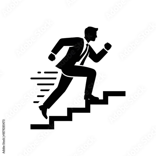 Businessman Running Up Stairs Silhouette - Fast Career Growth and Success Concept Icon - Professional Man in Suit Climbing Staircase for Achievement, Motivation, and Corporate Progress Graphic