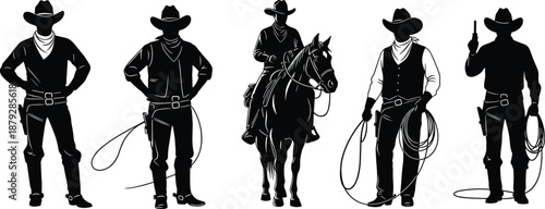 Cowboy silhouette illustrations, Western theme poses, lasso and pistol figures, black vector style for ranch, rodeo, and frontier designs