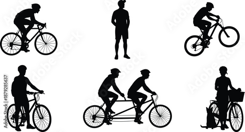 Cycling activity silhouette illustrations, black vector poses for road biking, mountain biking, tandem riding, and recreational bike scenes