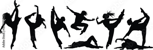 Dance silhouette illustrations, expressive movement poses, black vector dancers, artistic flexibility, floor and jump actions for performance and choreography themes