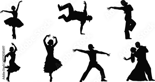 Dancer silhouette illustrations, diverse global dance poses, black vector style for ballet, flamenco, breakdance, ballroom, and expressive movement themes