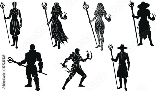 Fantasy wizard and mage silhouette illustrations, black vector spellcaster poses with staffs, magical effects, and mystical character archetypes