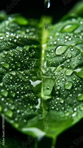 Captivating Close Up Green Leaf Texture With Water Droplets and Refreshing Rainfall Effects