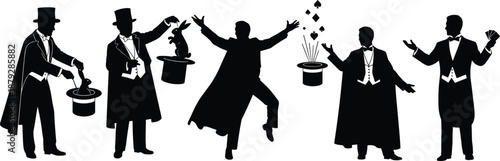 Magician silhouette illustrations, classic magic trick poses, black vector stage performers with top hats, rabbits, and floating playing cards