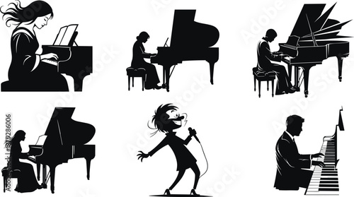 Music performance silhouette illustrations, black vector poses of piano players and expressive singer for concert, talent, and artistic themes