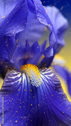 Captivating Close Up Of Beautiful Blue Iris Blossoms In Full Bloom With Pollen