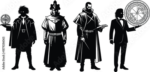Mystical scholar and diagram wielder silhouette illustrations, black vector poses for alchemy, astrology, mystery, and esoteric knowledge themes
