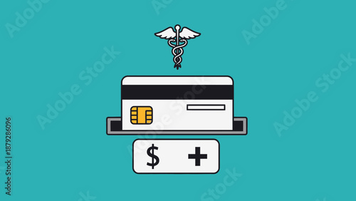 Healthcare Payment Concept: Credit Card Swiping for Medical Services with Caduceus Symbol