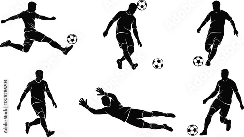 Soccer player silhouette illustrations, dynamic black vector poses for kicking, heading, dribbling, goalkeeping, and football action themes