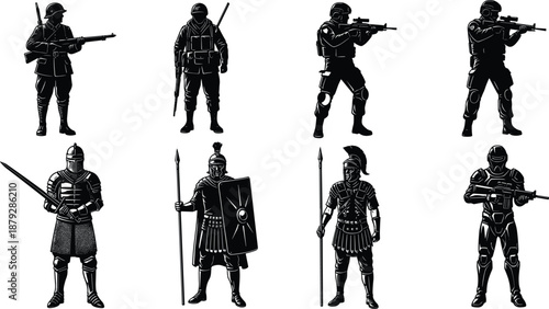 Soldier and warrior silhouette illustrations, historical and futuristic combat figures, black vector style for military, battle, and defense themes