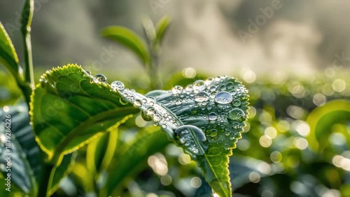 Captivating Close Up Of Tea Leaves Adorned With Sparkling Dew Drops In A Tranquil Garden