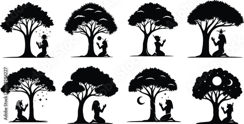 Spiritual archetype silhouette under trees, worship and reverence poses, black and white vector illustration, mythology, nature symbolism, cultural identity, celestial themes