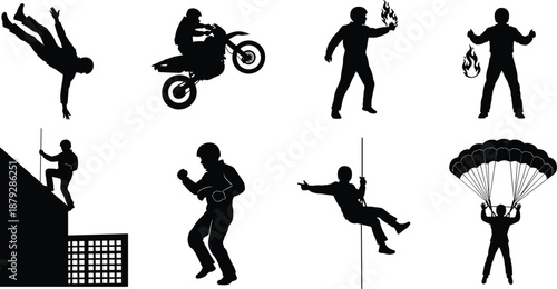 Stunt and action performer silhouette illustrations, black vector poses for extreme sports, fire tricks, rappelling, and parachute scenes