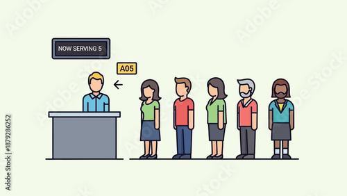 Queueing People Waiting for Service at Counter with Number Display
