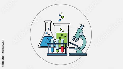 Science Laboratory Equipment - Microscope, Beakers, Test Tubes with Bubbles