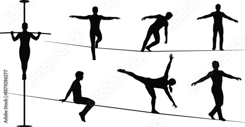 Tightrope acrobat silhouette illustrations, balance and stunt poses, black vector style for circus, skill, and performance themes