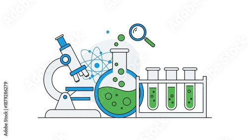 Science Laboratory Equipment: Microscope, Beakers, Test Tubes, Magnifying Glass