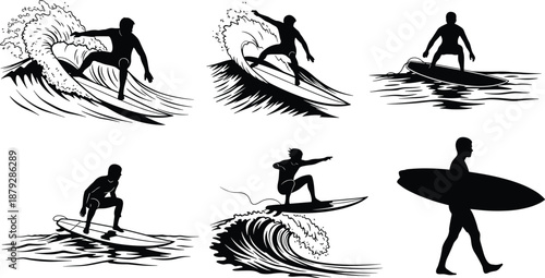 Surfing silhouette illustrations, black vector poses for wave riding, board tricks, surf culture, and beach lifestyle themes