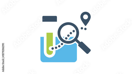 Scientific Research and Discovery Icon: Magnifying Glass, Test Tube, Location Pin