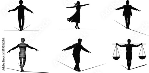 Tightrope walker silhouette illustrations, balance poses, black vector figures, symbolic motion art for risk, precision, and metaphorical themes