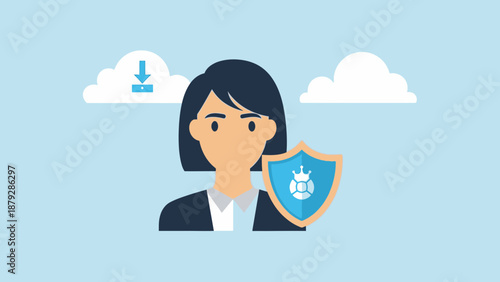 Secure Data Cloud Storage Concept: Woman Holding Shield with Digital Icon