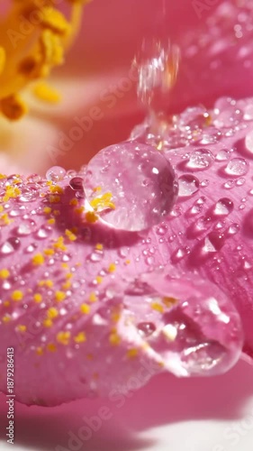 Captivating Close Up Of Water Droplets Falling On Vibrant Pink Flower Petal Video