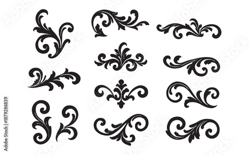 Set of vintage black floral design elements featuring vector ornaments, swirls, and ornate scroll patterns for decorative frames and borders in a classic illustration style