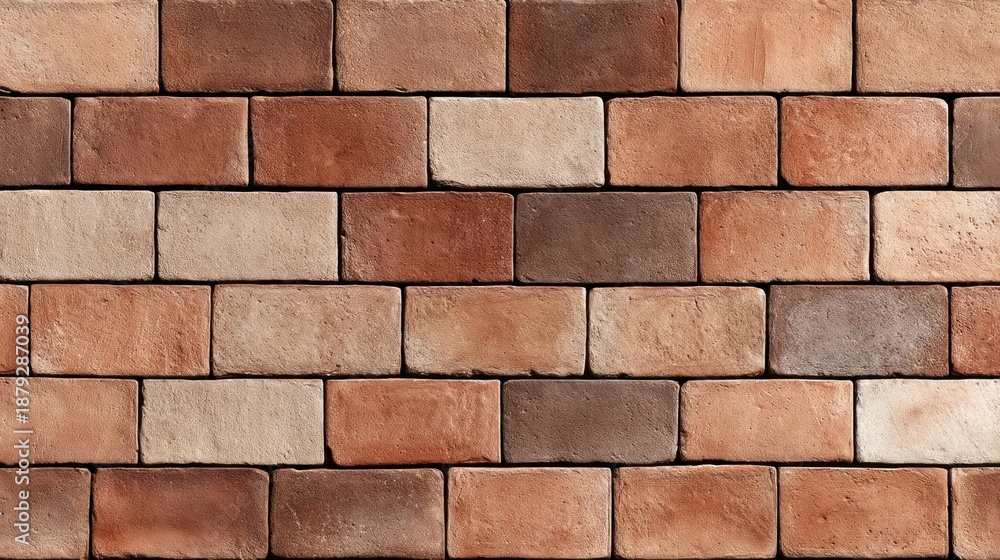 Obraz premium Textured brick wall featuring alternating red, tan, and brown rectangular bricks stacked tightly together