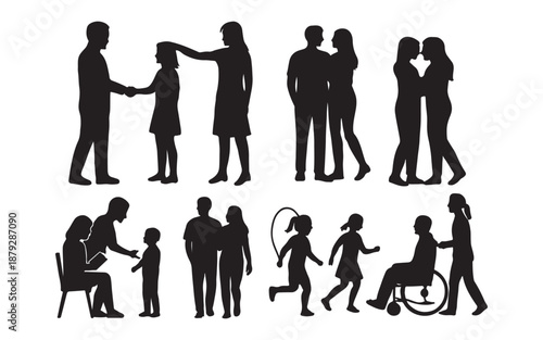 Vector illustration of a standing group of business people silhouettes featuring a diverse team of men and women in suits representing professional teamwork and family