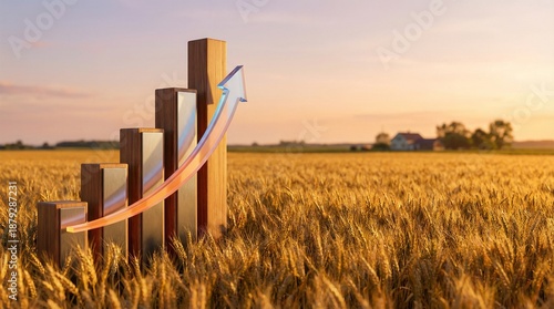 3D Business Graph Rising Over Golden Wheat Field Farm