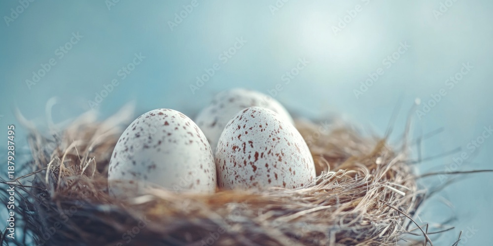Obraz premium The image displays two speckled eggs pecked and partially out of their nest. The nest is brown and has remnants of the shells scattered around it.