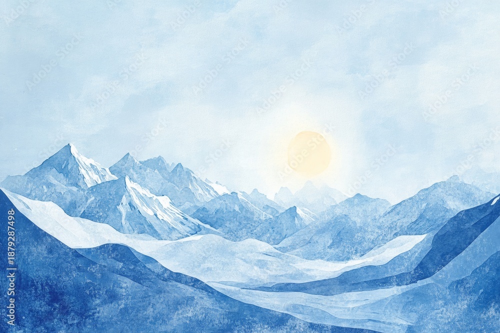 Fototapeta premium A serene mountain landscape bathed in the soft light of a sunrise.