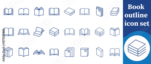Book outline icon set, primary, page, document, literature, magazine, journal, sign, teacher, bookstore, linear, album, reading, diary, bestseller, instruction, story, newspaper and more