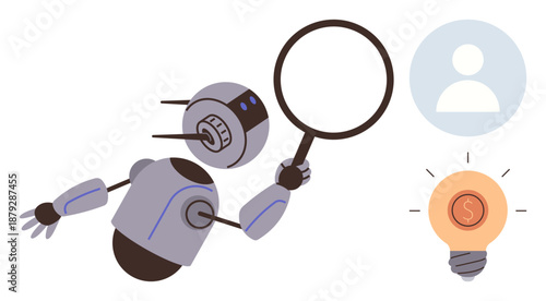 Artificial intelligence, user identity, innovation, financial ideas, digital analysis, conceptual design. Robot examining a magnifying glass, person icon and a lightbulb with a dollar symbol. AI
