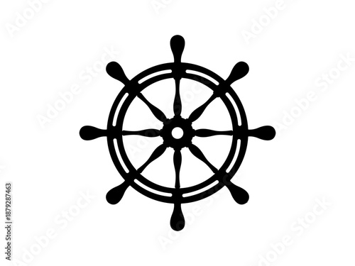 Black ship's steering wheel icon in a simple flat silhouette style